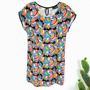 NOOWORKS Louise Mini Shift Dress 70s Style Print size XL Colorful Art-to-wear